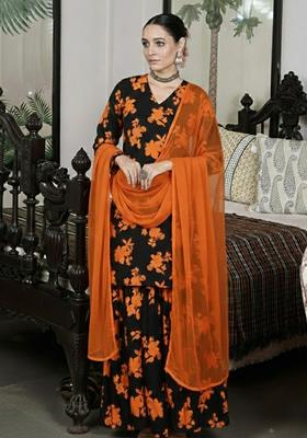 Black Floral Print Crepe Sharara Set