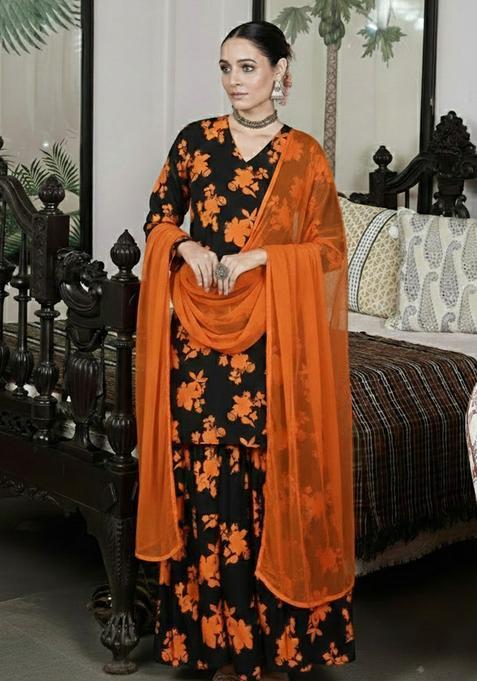 Black Floral Print Crepe Sharara Set