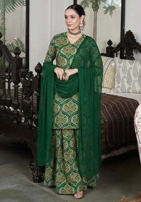 Bottle Green Floral Print Crepe Sharara Set