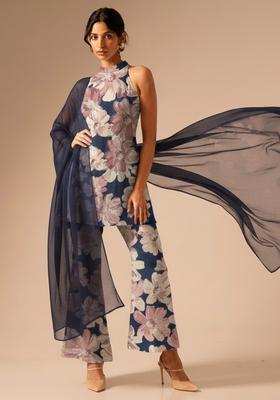 Navy Blue Floral Print Crepe Straight Kurta Set