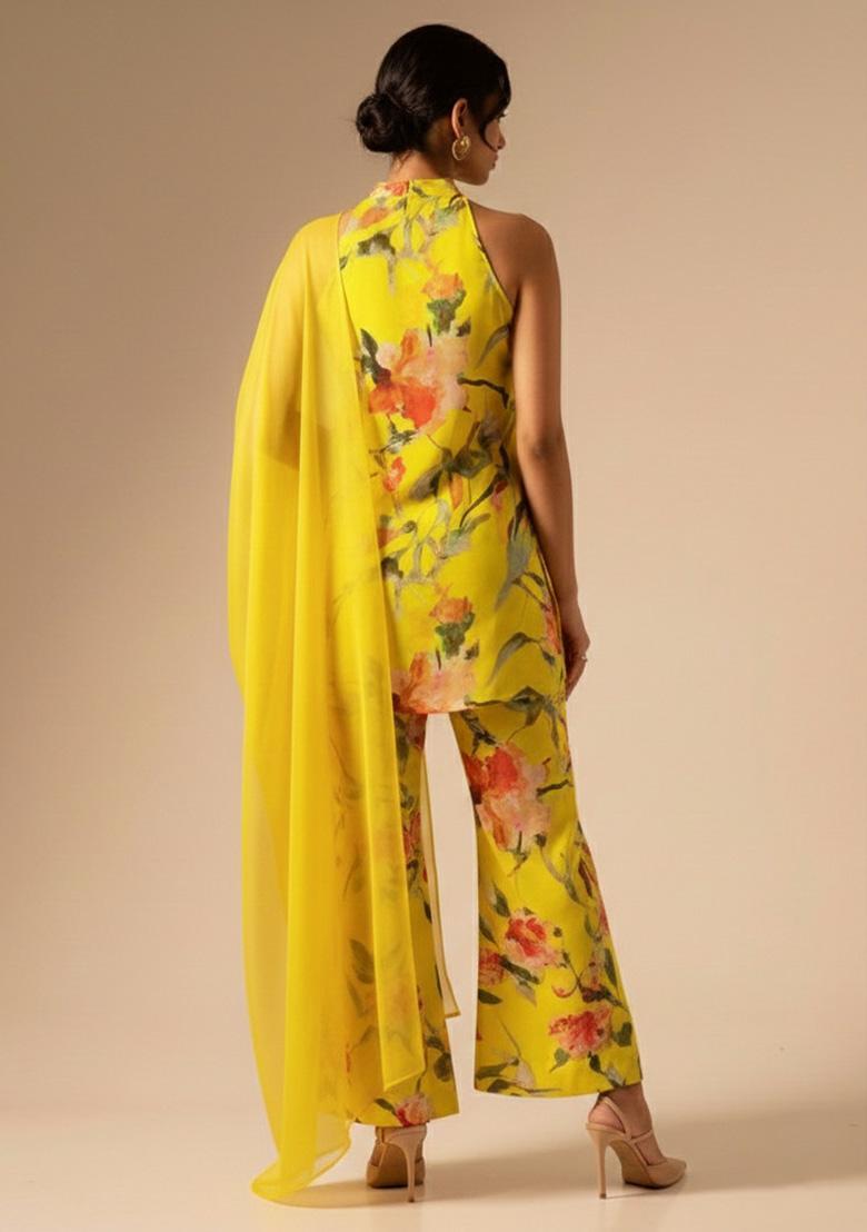 Yellow Floral Print Crepe Pakistani Suit Set - Indya