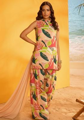 Light Peach Floral Print Crepe Co Ord Set