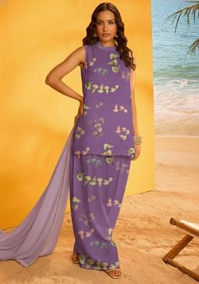 Lavender Floral Print Crepe Pakistani Suit Set