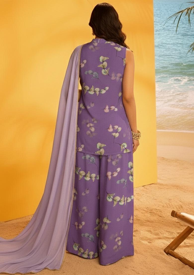 Lavender Floral Print Crepe Pakistani Suit Set - Indya