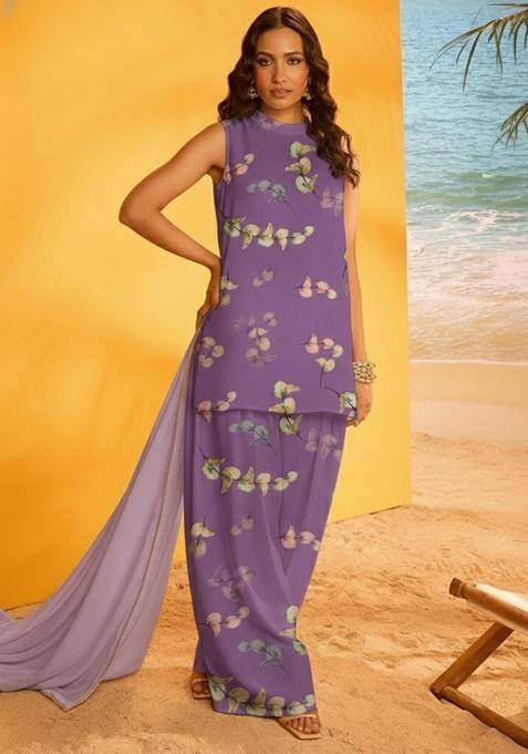 Lavender Floral Print Crepe Pakistani Suit Set
