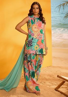 Multi Color Floral Print Crepe Pakistani Suit Set