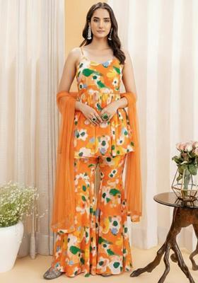 Orange Floral Print Georgette Sharara Set