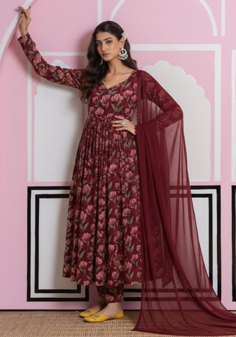 Wine Floral Print Georgette Anarkali Set