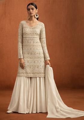 Cream Embroidered Georgette Sharara Set