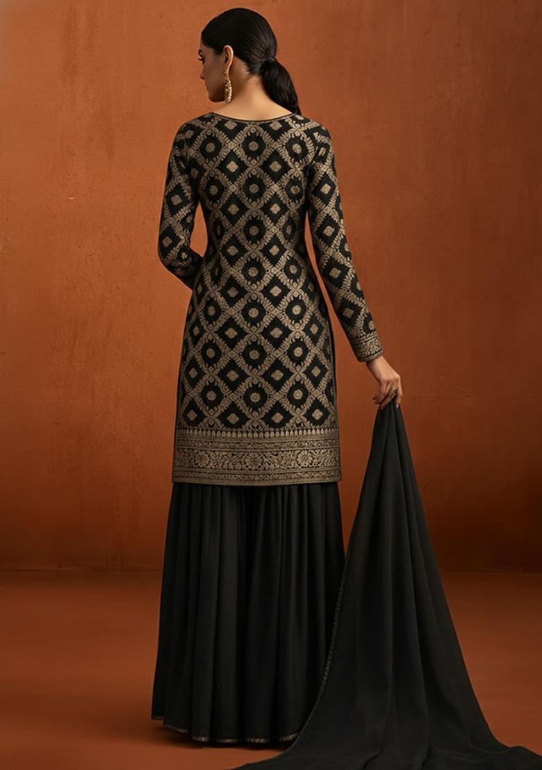 Black Silk Blend Sharara Set - Indya
