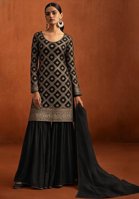 Black Silk Blend Sharara Set