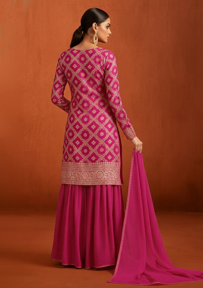Rani Pink Silk Blend Sharara Set - Indya