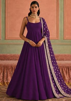 Purple Chinon Anarkali With Dupatta