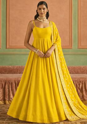 Yellow Chinon Anarkali With Dupatta