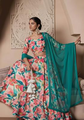 Multi Color Floral Print Crepe Lehenga Set