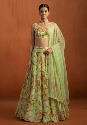 Leaf Green Floral Print Georgette Lehenga Set