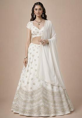 Off White Embroidered Tissue Lehenga Set