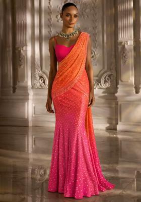 Bright Orange Silk Blend Pre Draped Saree Set