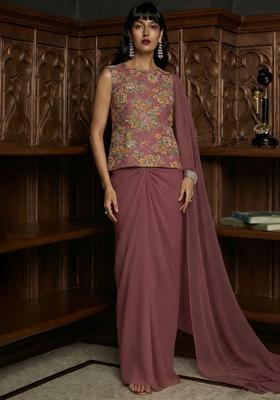 Mauve Embroidered Organza Pre Draped Saree Set