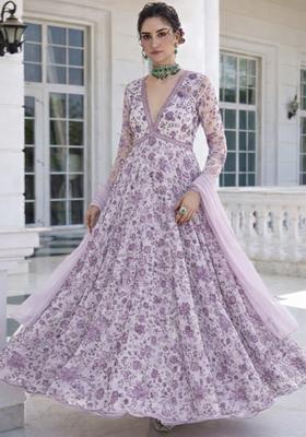 Dusty Pink Floral Print Crepe Anarkali With Dupatta