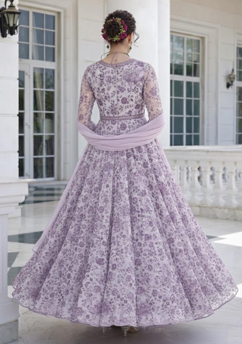 Dusty Pink Floral Print Crepe Anarkali With Dupatta - Indya