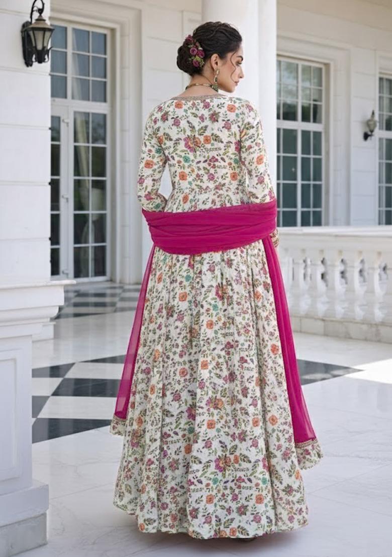 Rani Pink Floral Print Crepe Anarkali With Dupatta - Indya
