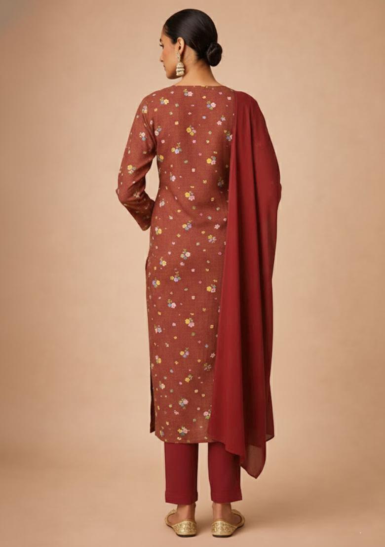 Rust Floral Print Chanderi Straight Kurta Set - Indya