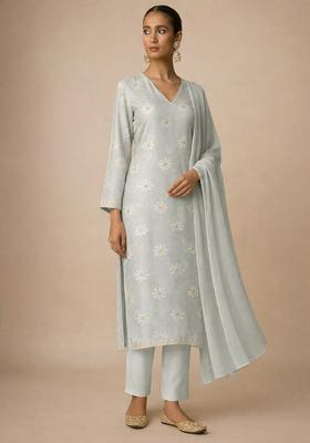 Ivory Embroidered Chanderi Straight Kurta Set