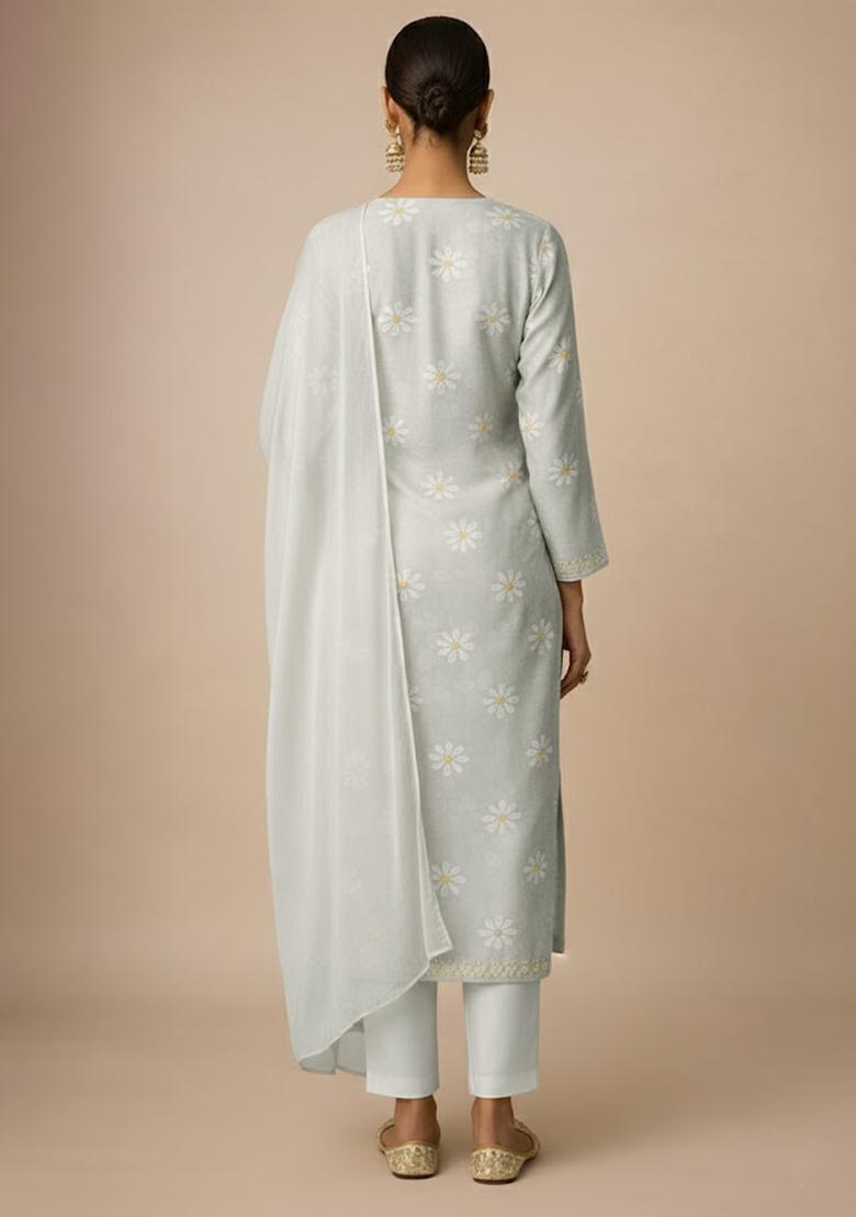 Ivory Embroidered Chanderi Straight Kurta Set - Indya