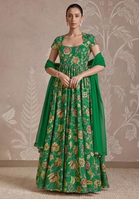 Dark Green Floral Print Tissue Anarkali With Dupatta