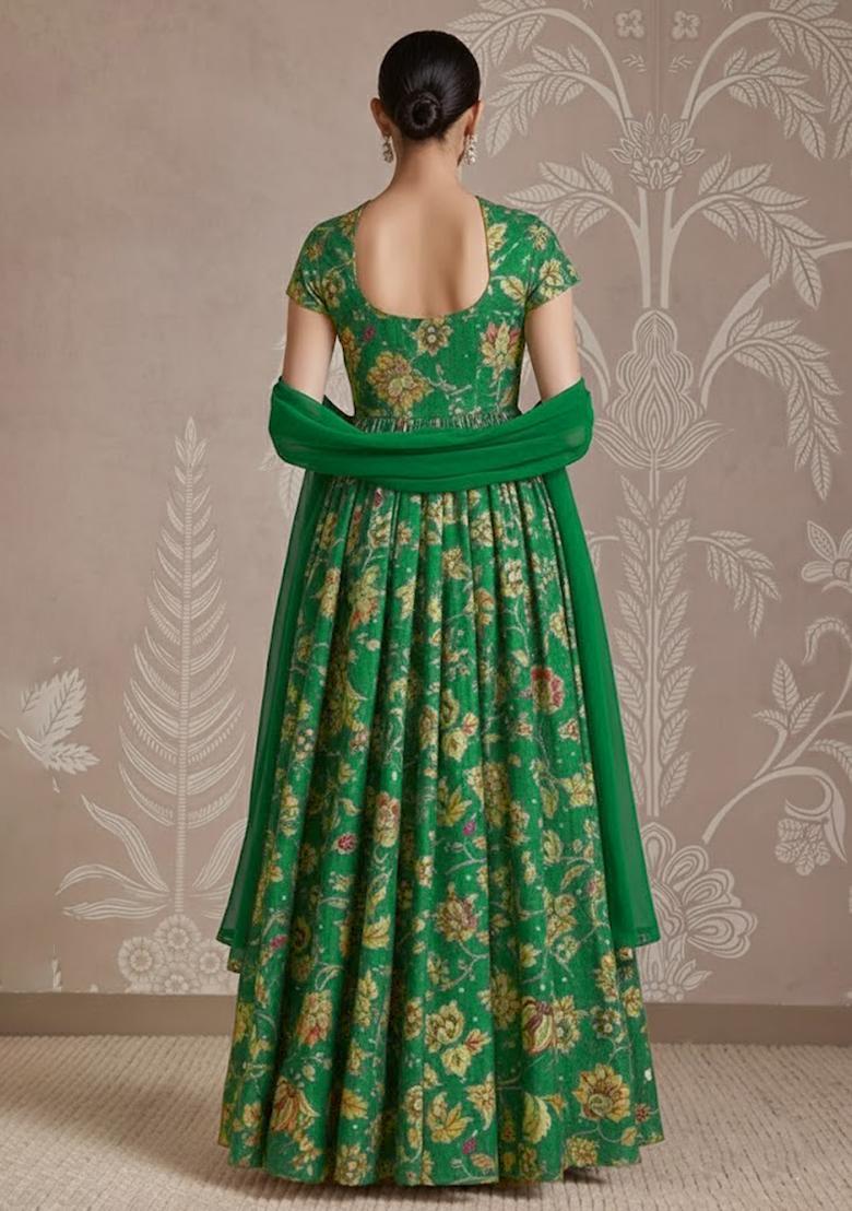 Dark Green Floral Print Tissue Anarkali With Dupatta - Indya