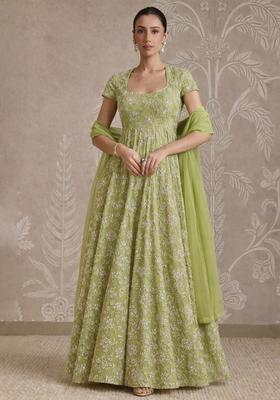 Pistachio Green Embroidered Tissue Anarkali With Dupatta