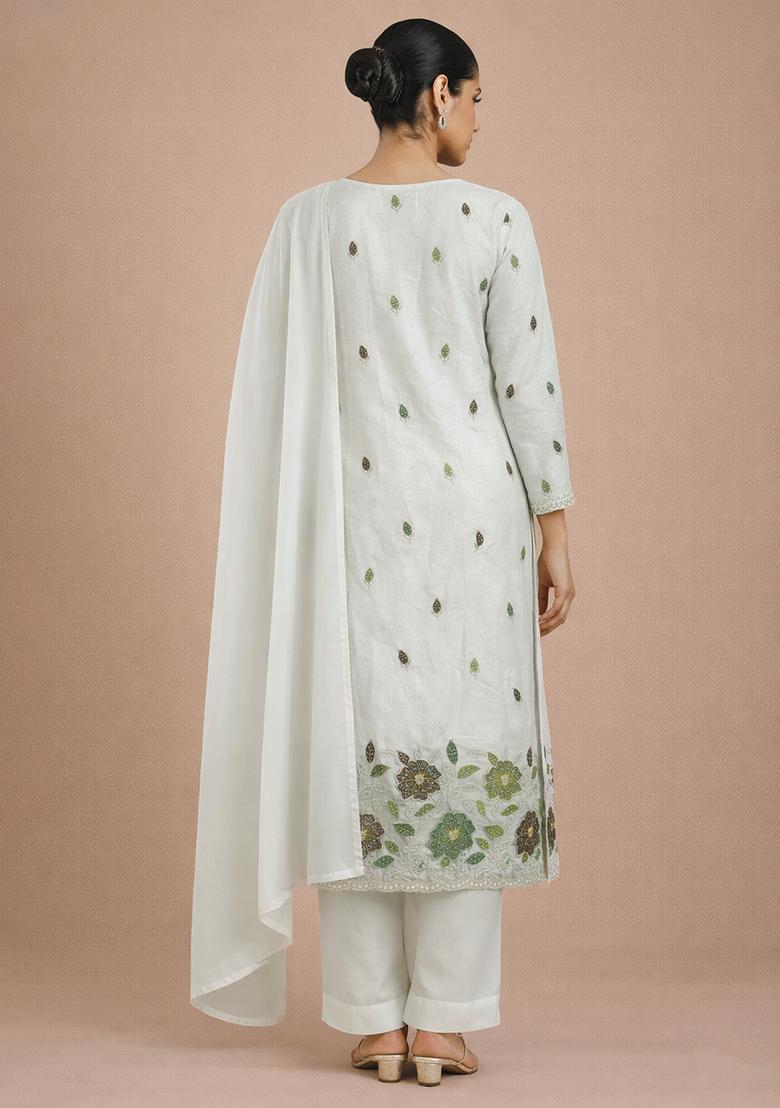 Ivory Embroidered Tissue Straight Kurta Set - Indya