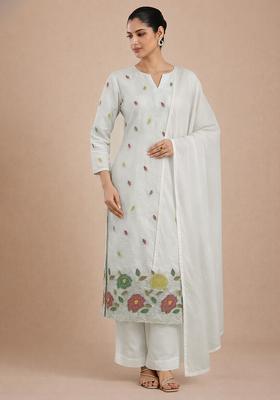 White Embroidered Tissue Straight Kurta Set