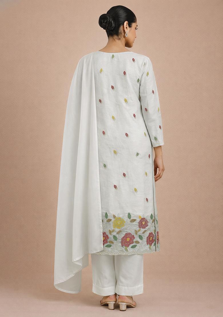 White Embroidered Tissue Straight Kurta Set - Indya