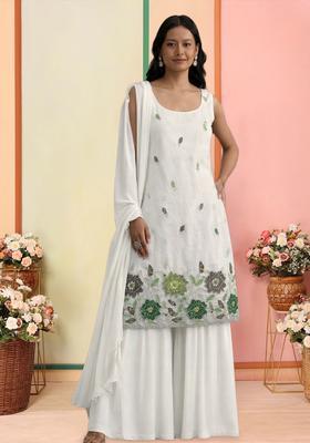 Off White Embroidered Tissue Sharara Set