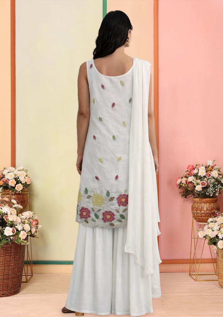 White Embroidered Tissue Sharara Set - Indya
