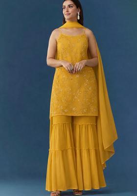 Mustard Yellow Embroidered Crepe Sharara Set