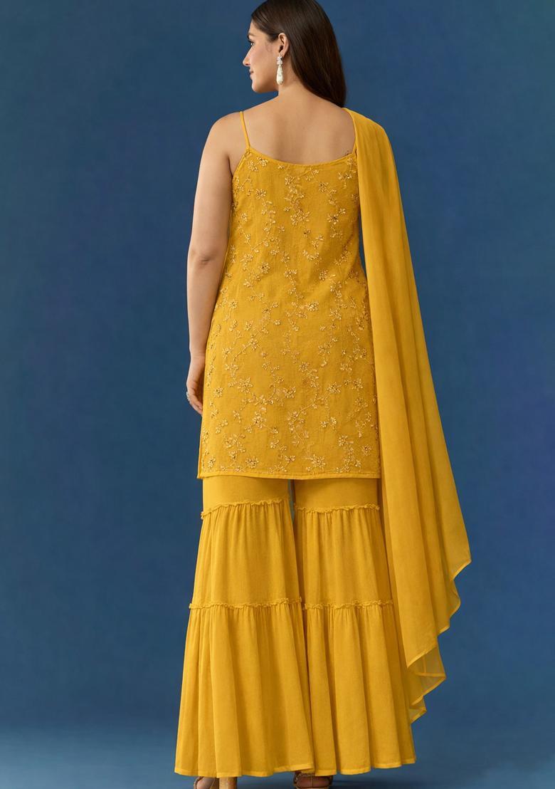 Mustard Yellow Embroidered Crepe Sharara Set - Indya