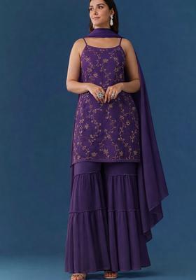 Purple Embroidered Crepe Sharara Set