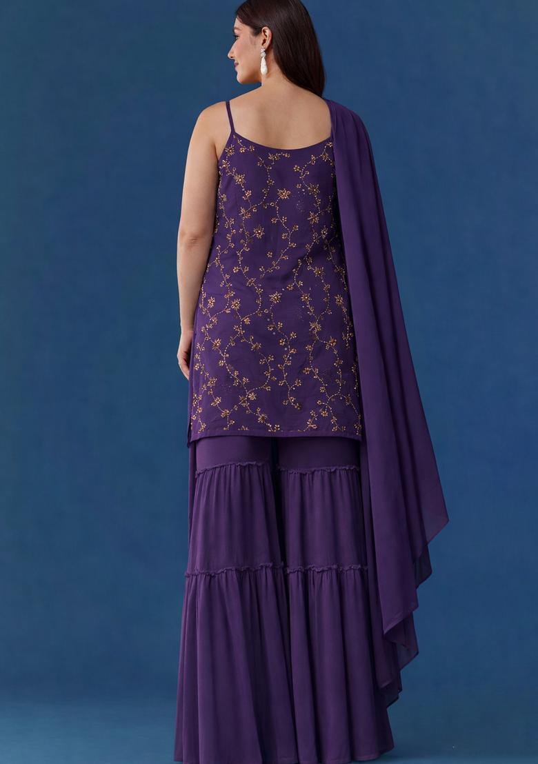 Purple Embroidered Crepe Sharara Set - Indya