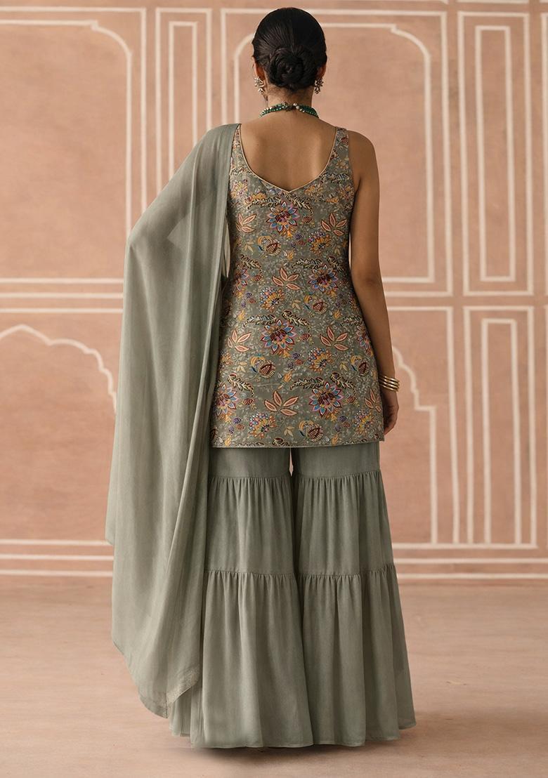 Grey Floral Print Crepe Sharara Set - Indya