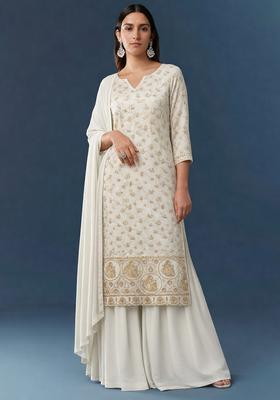 Cream Embroidered Crepe Sharara Set