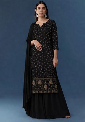 Black Embroidered Crepe Sharara Set