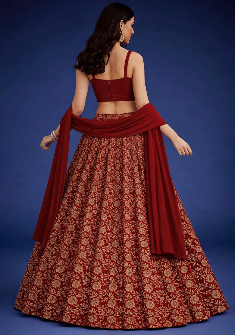 Deep Red Silk Blend Lehenga Set - Indya