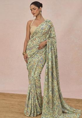 Pastel Green Paisely Print Crepe Pre Draped Saree Set