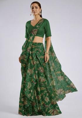 Dark Green Floral Print Tissue Pre Draped Saree Set