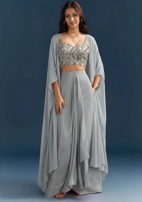 Sky Blue Abstract Print Jacquard Fusion Set