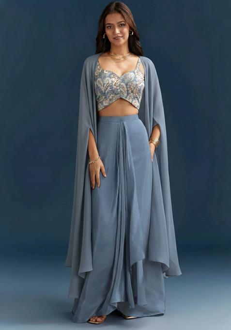 Slate Blue Abstract Print Jacquard Fusion Set