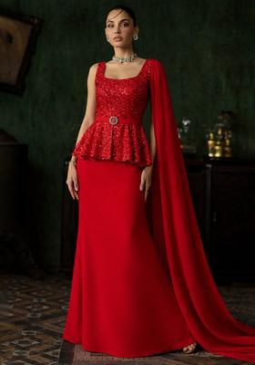 Red Embroidered Net Fusion Set